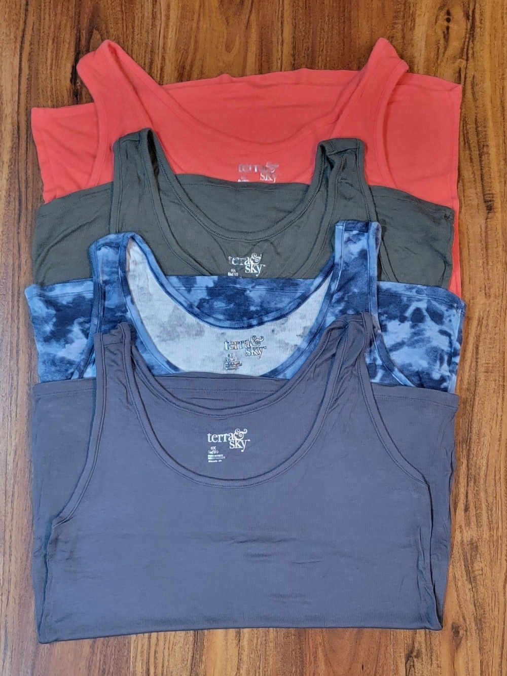 Terra & Sky 4-Pack Tank Tops — Coral, Olive, Blue Tie-Dye, Dusty Blue